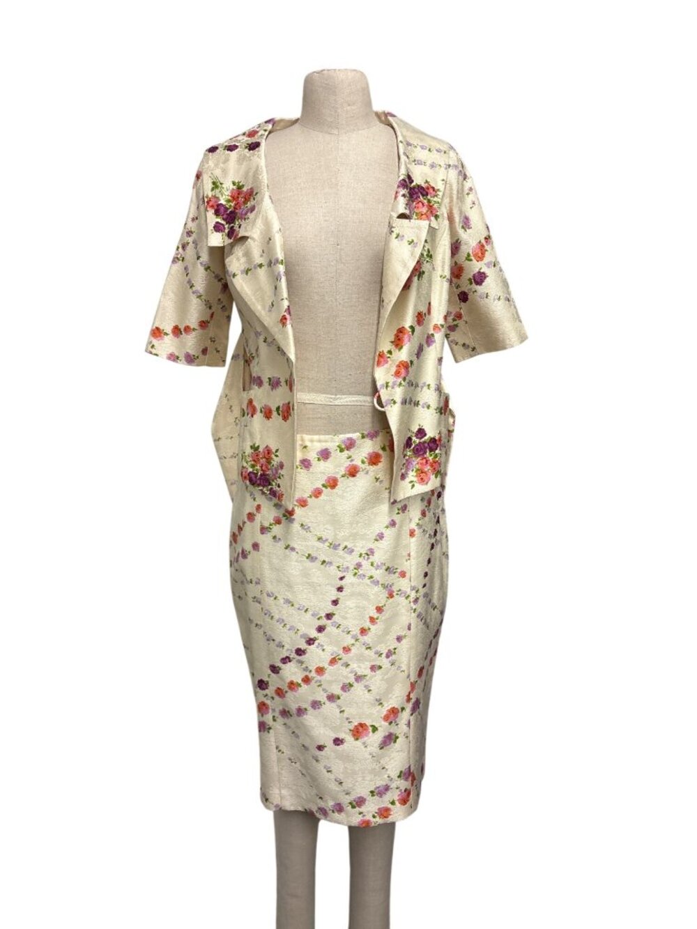 Vintage Y2K Tracy Reese New York Silk Floral Two Piece Set Kimono Jacket Pencil